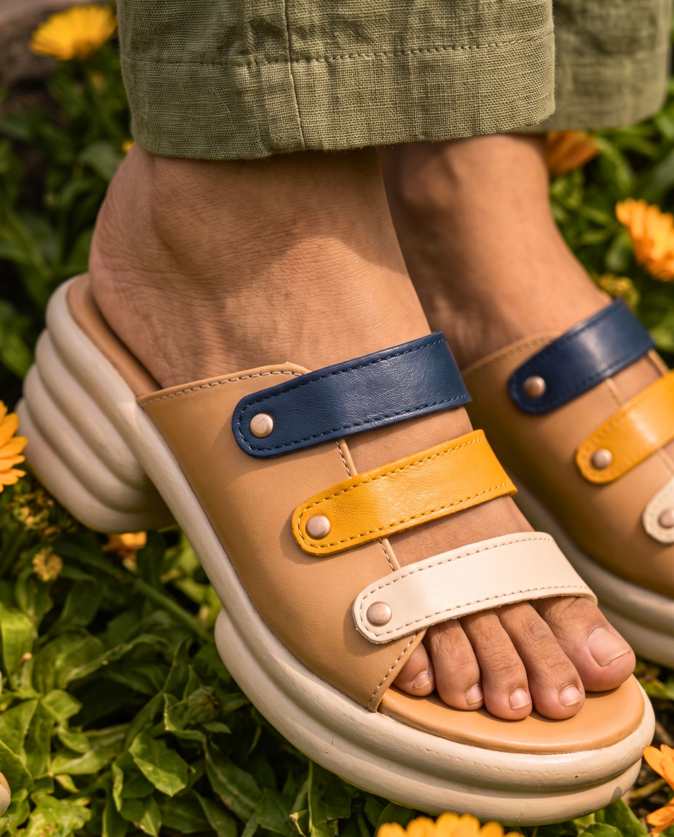 Tricolor multi-strap slip-on platform mules in navy, yellow, and off-white resting in a bed of bright yellow flowers