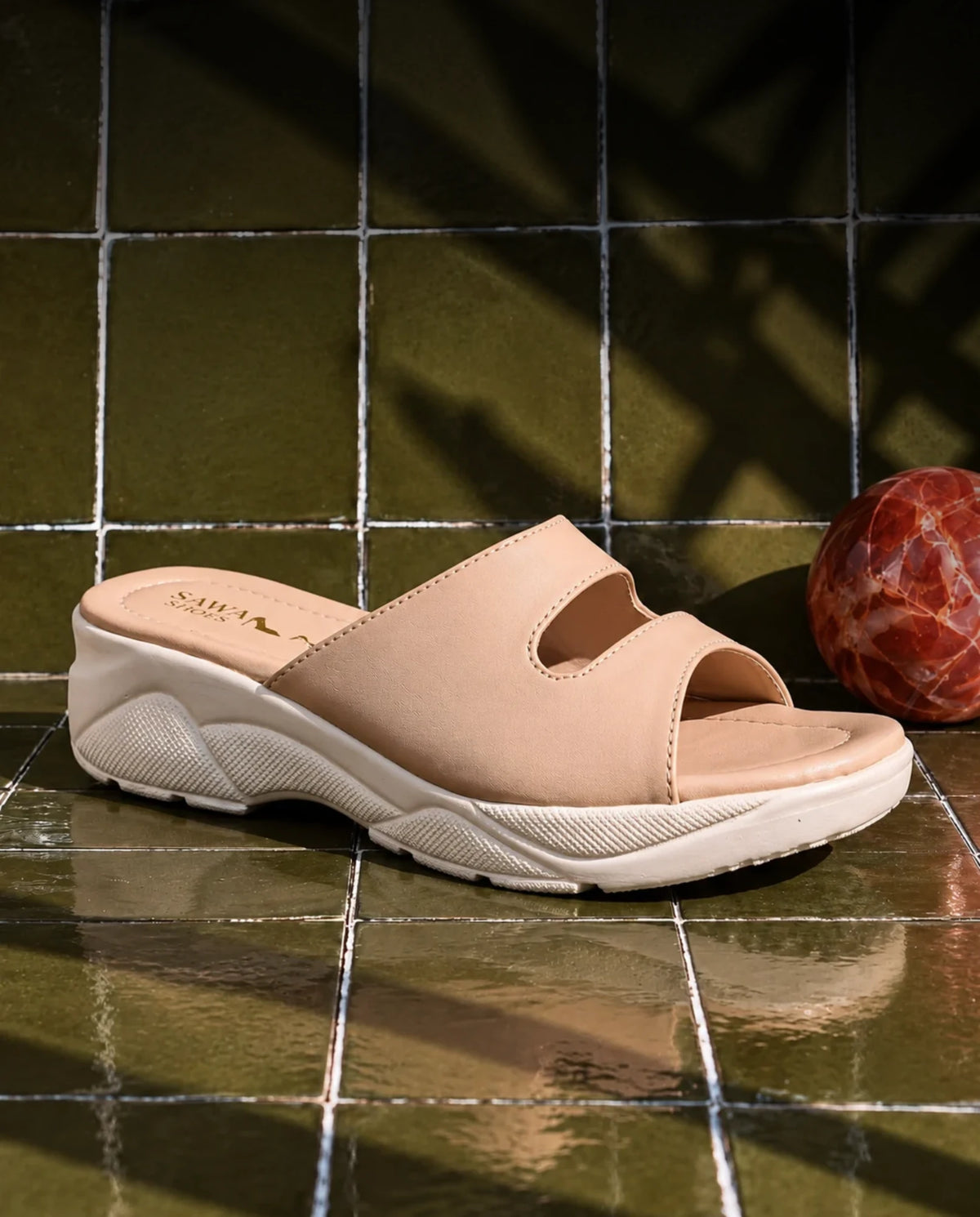 Beige two-strap slides 472 F angled view with cushioned footbed