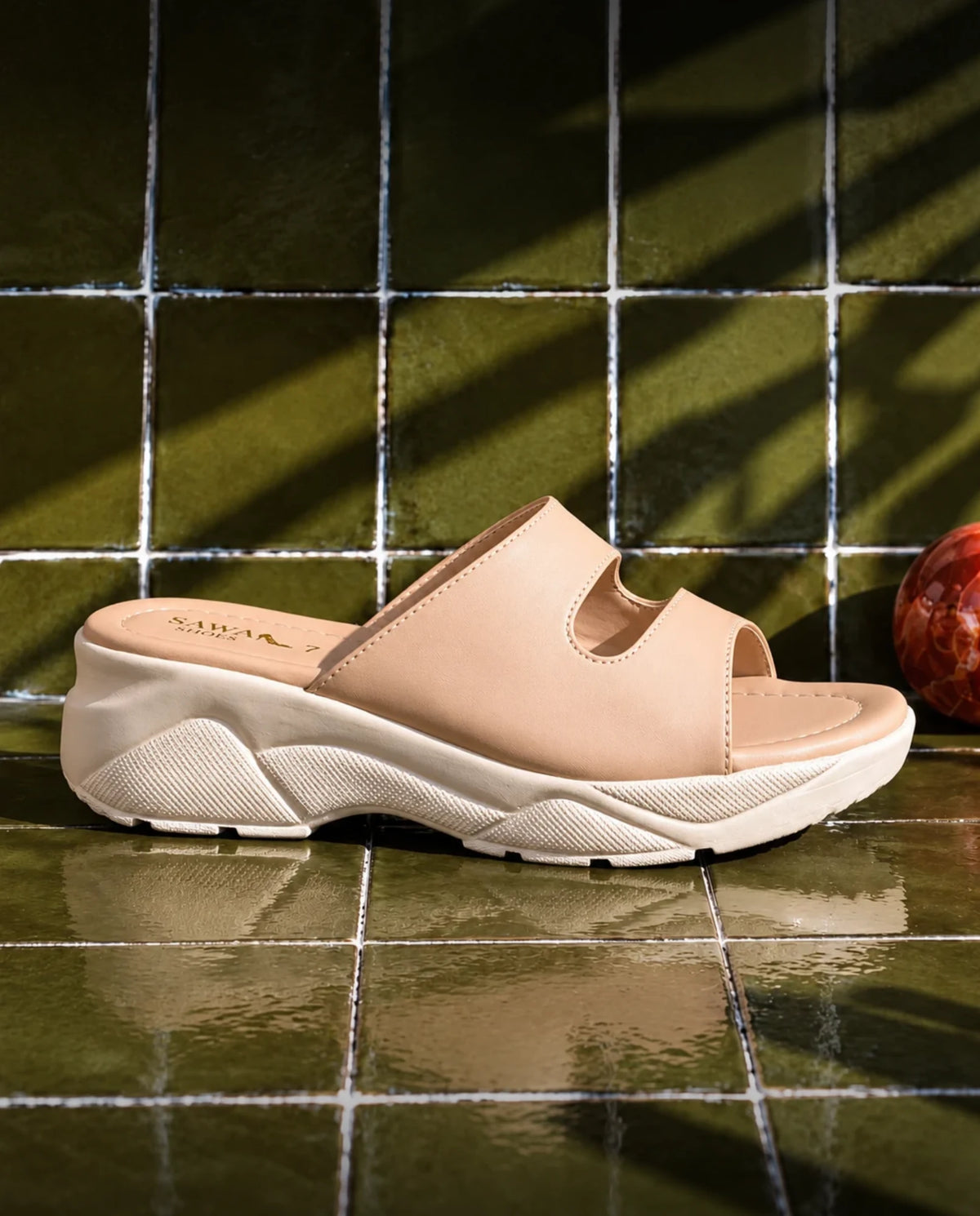 Beige Casual Slippers 472 F side view – two-strap ladies chappal with chunky cushioned sole, Sawa.pk