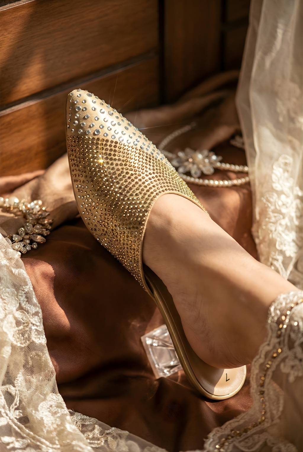 Women's gold sparkle rhinestone pointed-toe bridal mules with a clear block heel