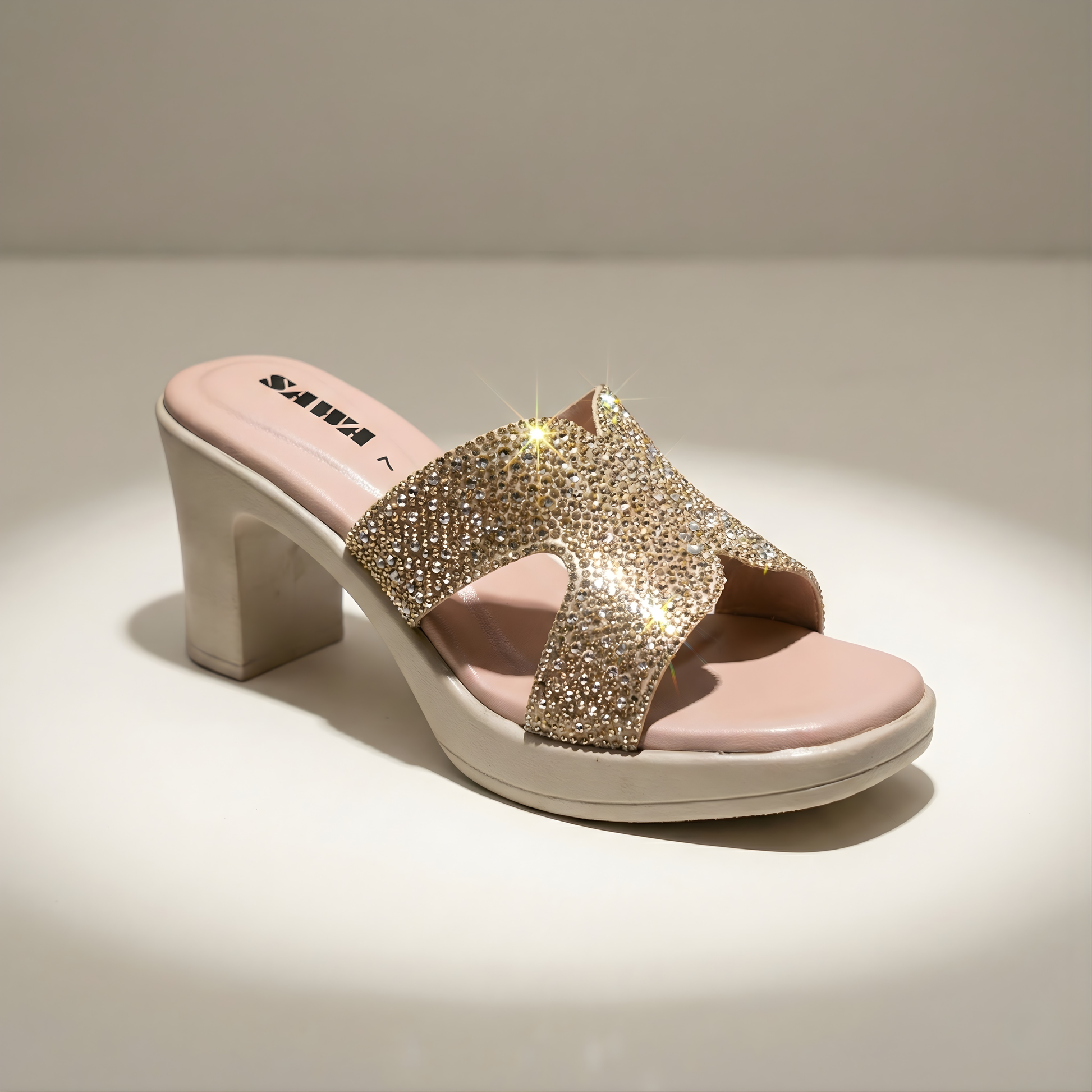 SAWA SHOES block heels with rhinestone straps for women