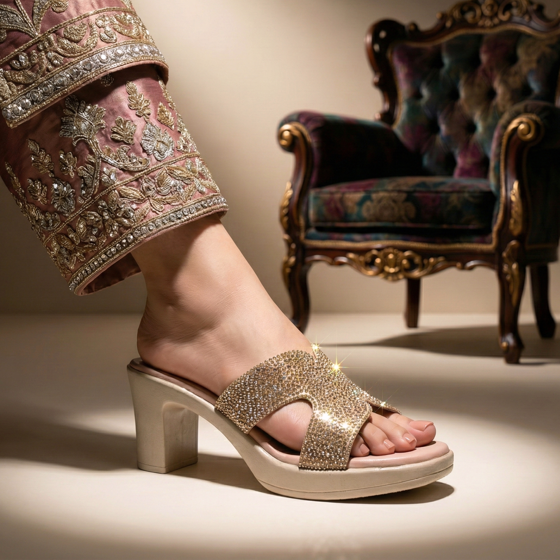 SAWA SHOES block heels with rhinestone straps for women