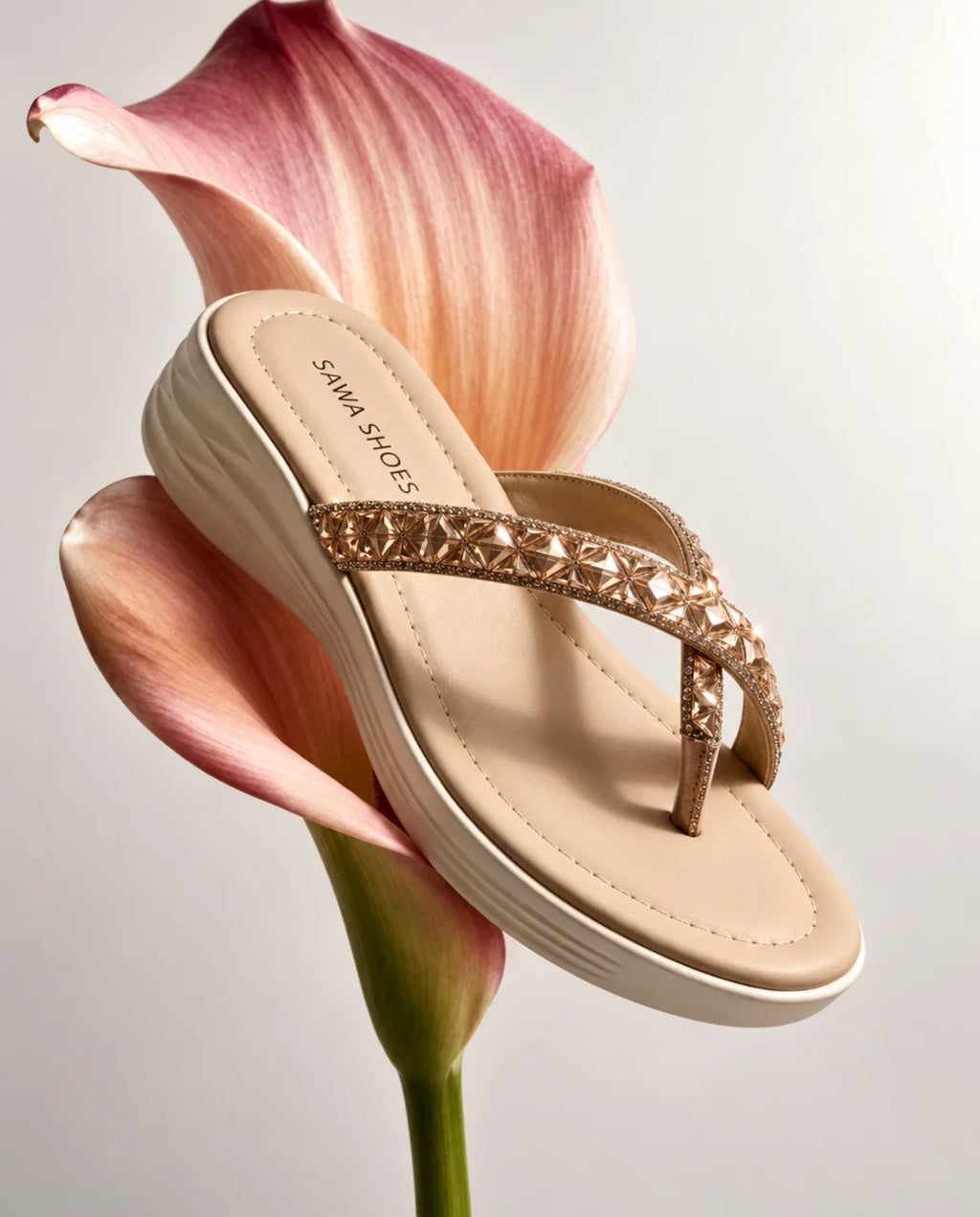 Rose gold crystal wedge flip-flop 5897 G with cushioned sole - Sawa.pk