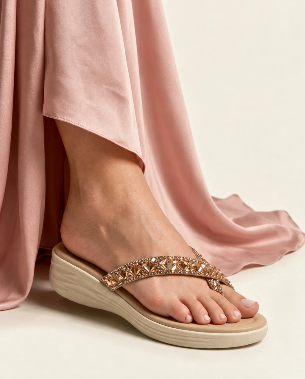 Crystal embellished wedge chappal 5897 G worn on foot - Sawa.pk