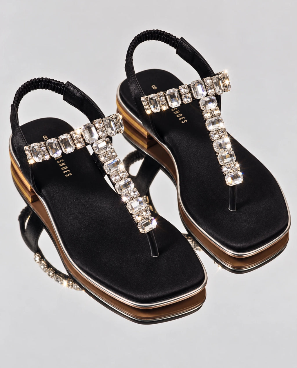 Black crystal T-strap flat sandals 6132 BK pair - Sawa.pk