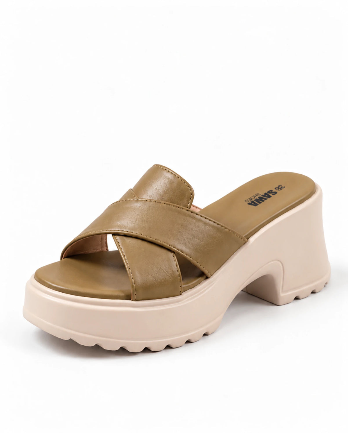 Olive criss-cross strap platform slides for women, front angle