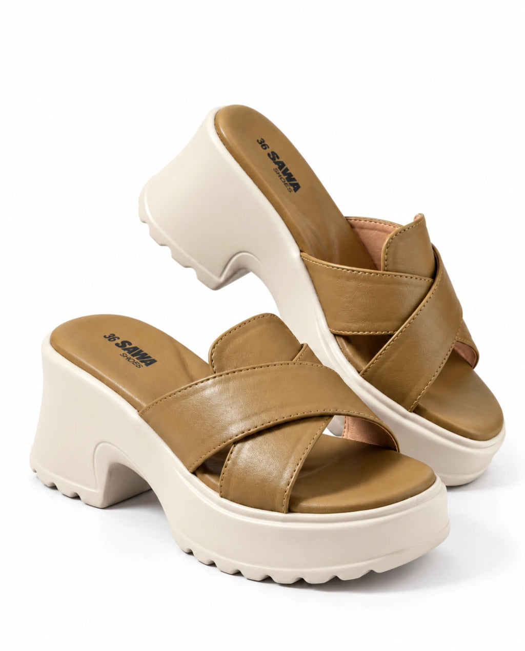 Pair of olive comfort platform heels with ivory sole