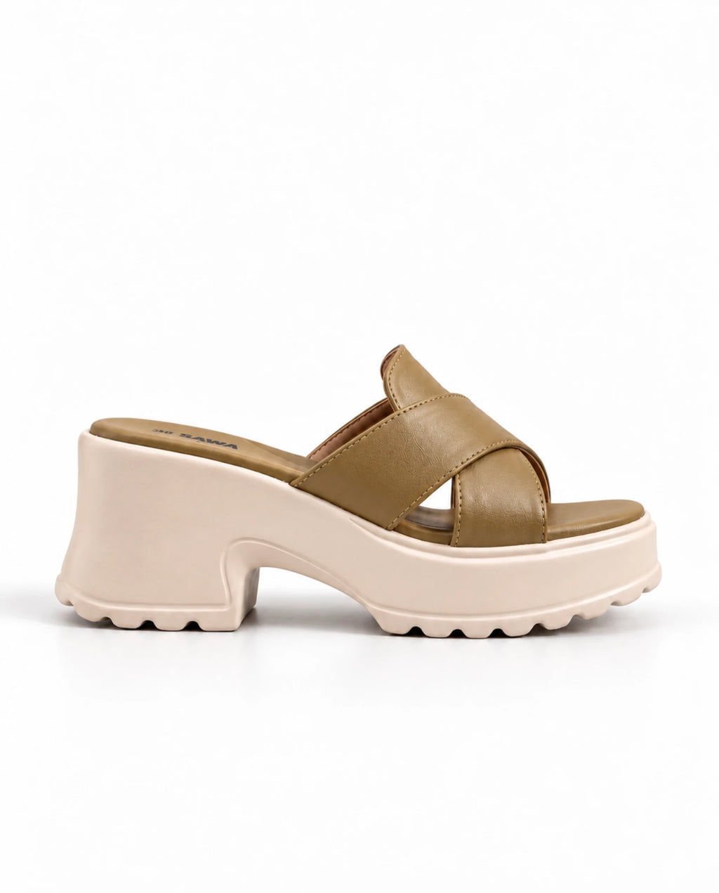 Olive comfort platform heels 723 BR side view with ivory chunky lug sole and block heel