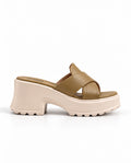 Olive comfort platform heels 723 BR side view with ivory chunky lug sole and block heel