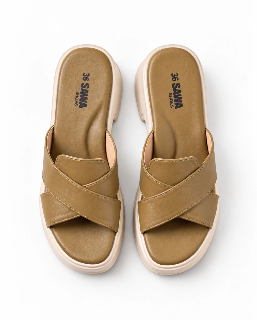 Top view of olive platform heels pair with cushioned footbed