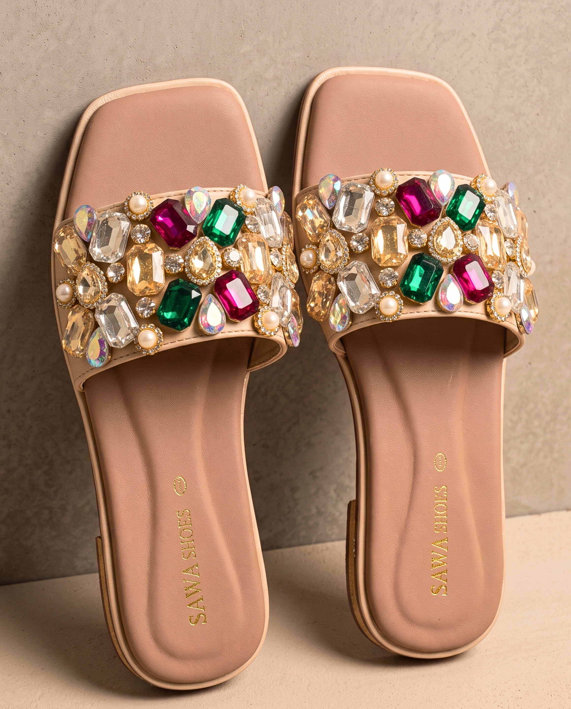 Jeweled Nude Slide Sandals 600 ML