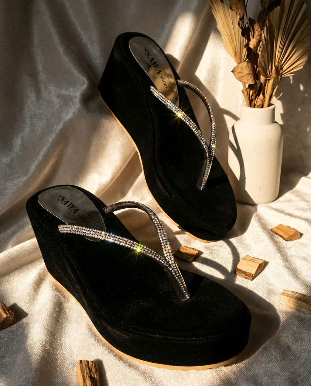 Close-up of comfortable high wedge platform in premium black velvet