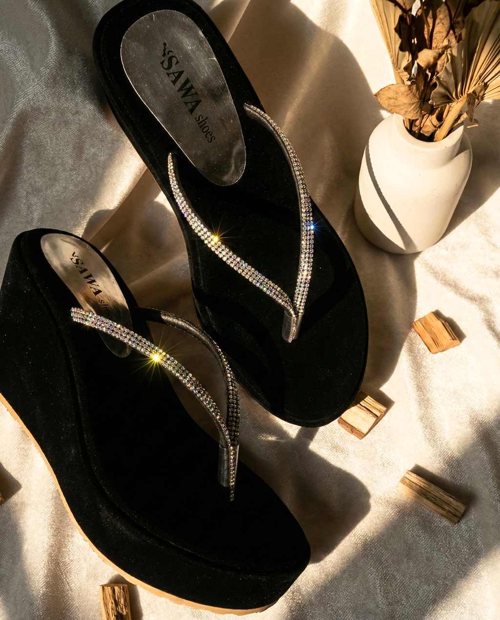 Black velvet wedge heels with crystal-studded straps - Sawa.pk