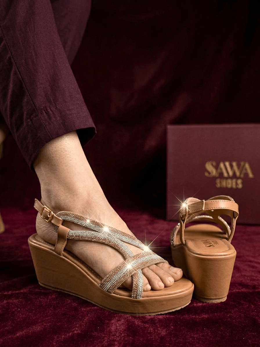 Crystal Embellished Camel Wedges 764 G - Sawa.pkWomen footwear shoes affordable