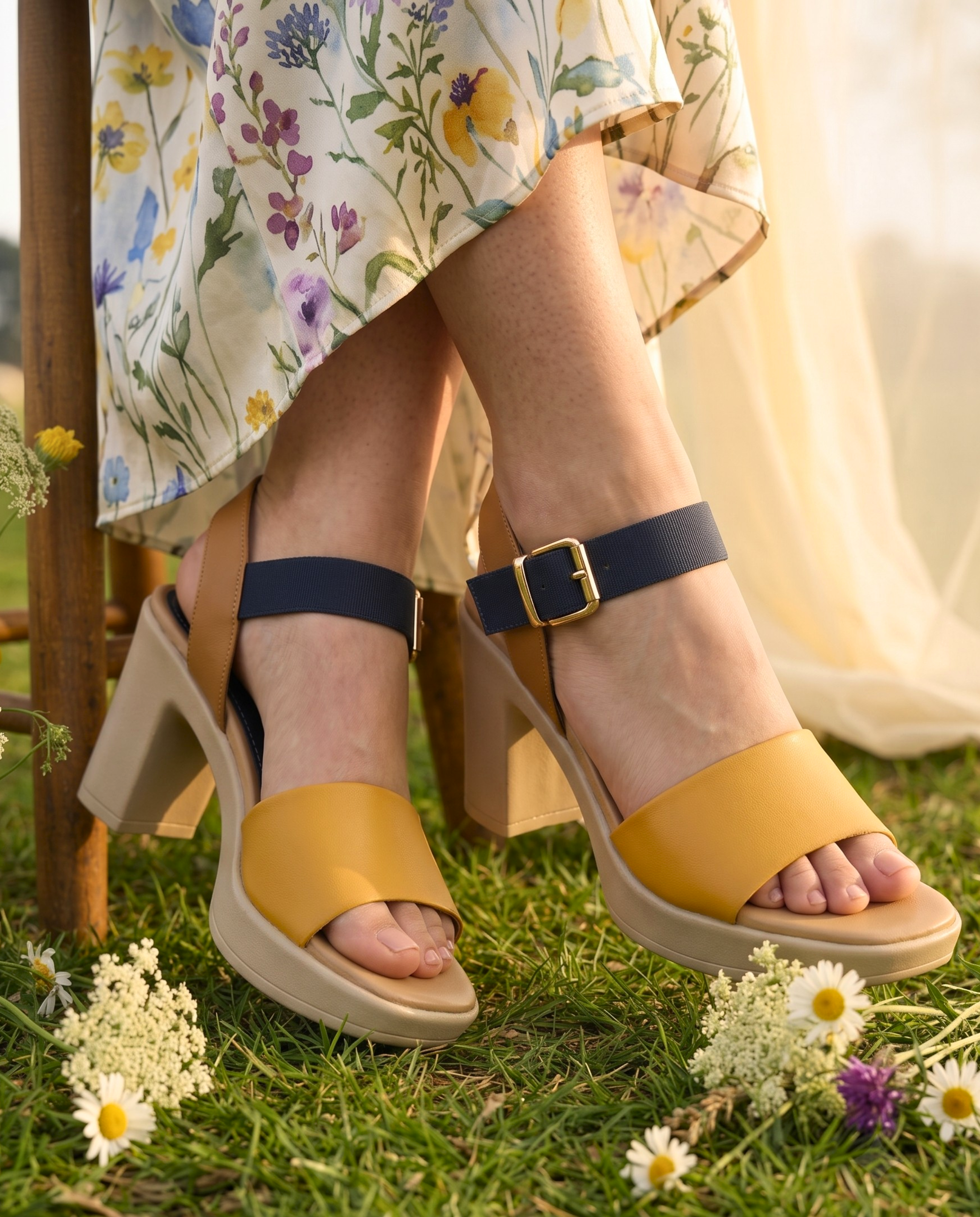 A close-up of a person wearing mustard yellow and navy blue block-heel sandals with beige soles, standing on grass outdoors near flowers and a floral skirt.