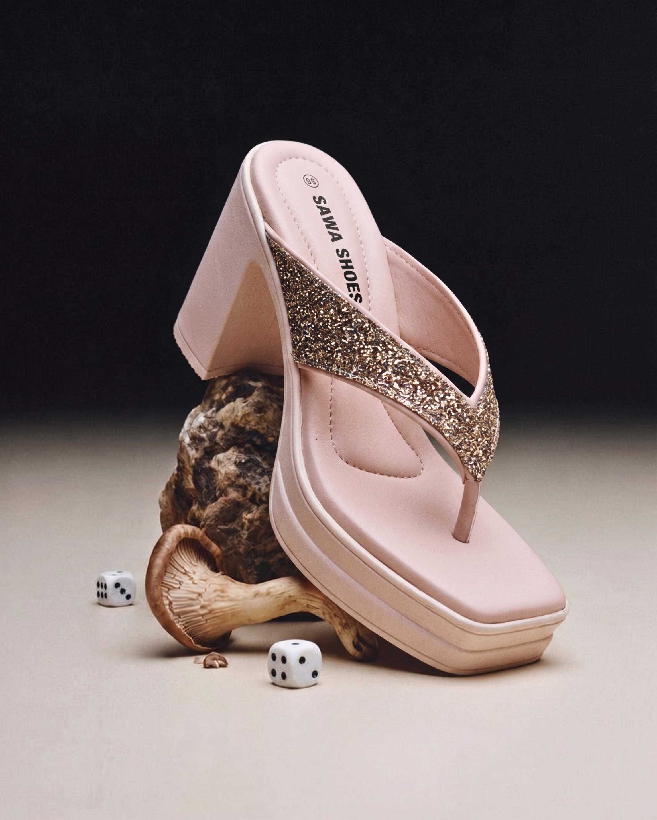 Blush pink glitter platform heels for women with block heel and sparkling thong strap