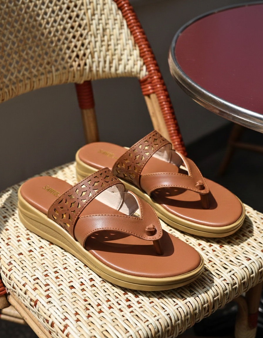 Sawa Medicated Cognac Sandals: Laser-cut dual-strap platform slides on a wicker chair