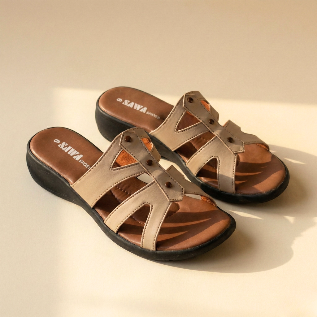 Light tan women's comfort slide sandals with laser-cut straps and a black wedge heel.