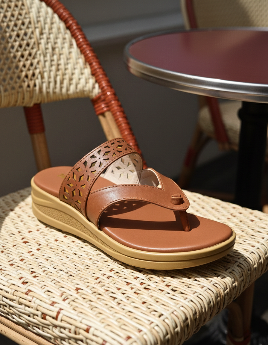 Sawa Medicated Cognac Sandals: Laser-cut dual-strap platform slides on a wicker chair