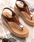 SAWA brown leather T-strap platform wedge sandals with adjustable ankle buckle and quilted footbed