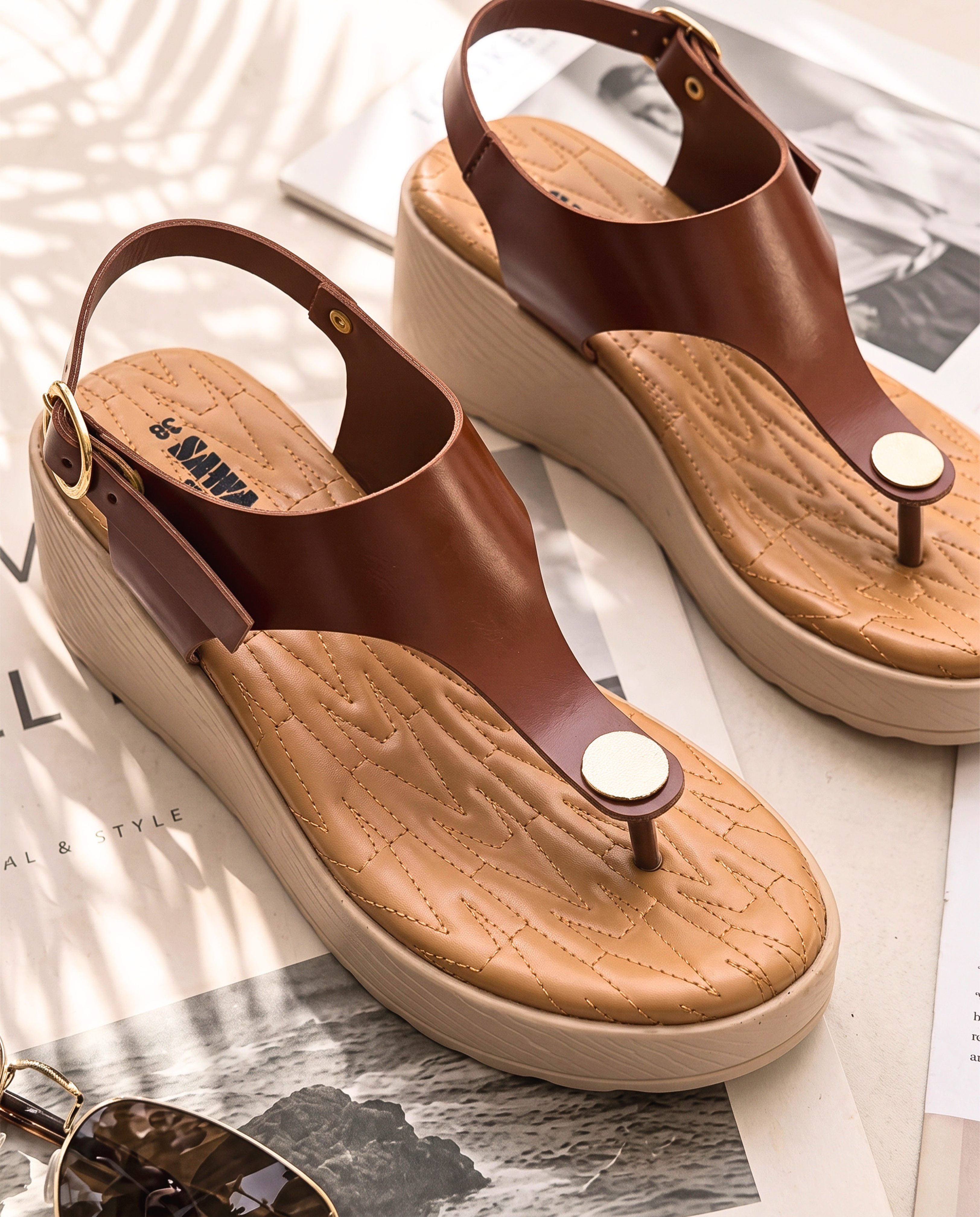 SAWA brown leather T-strap platform wedge sandals with adjustable ankle buckle and quilted footbed
