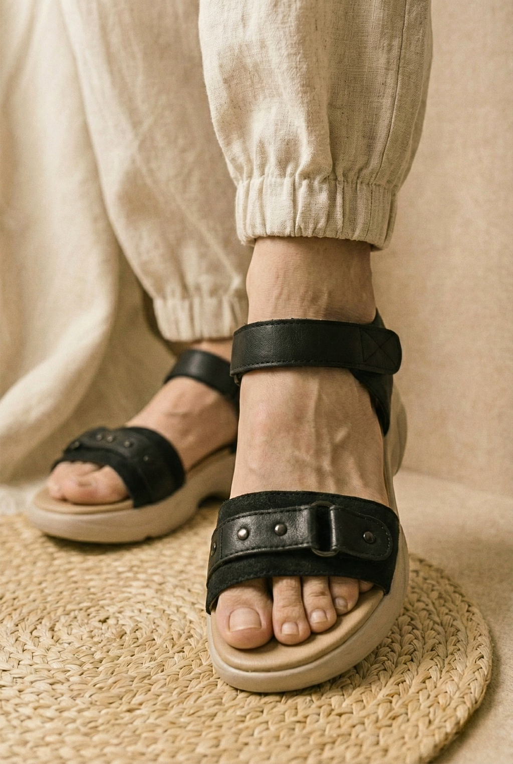 Top view of women's black casual sandals showing the soft suede-finish toe strap with metal studs and adjustable velcro ankle strap.