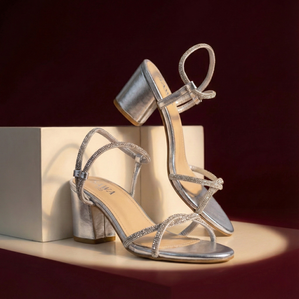 Silver high-heeled sandals with sparkling straps on a dark background