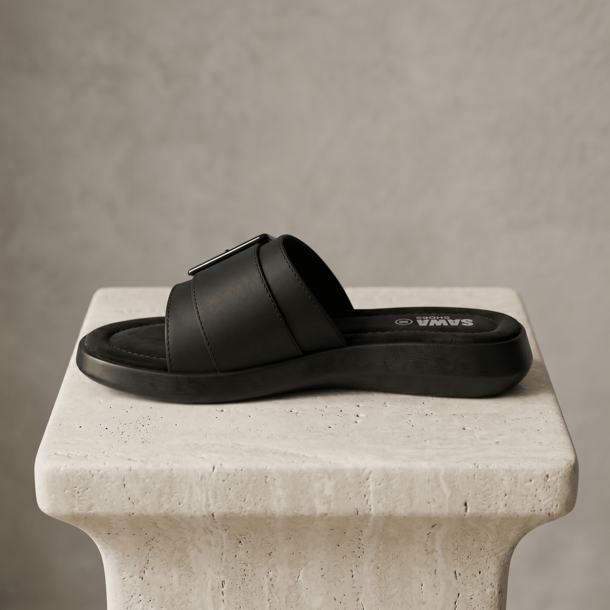 Monochrome Buckle Cushion Slides 451 BK - Sawa.pkWomen footwear shoes affordable