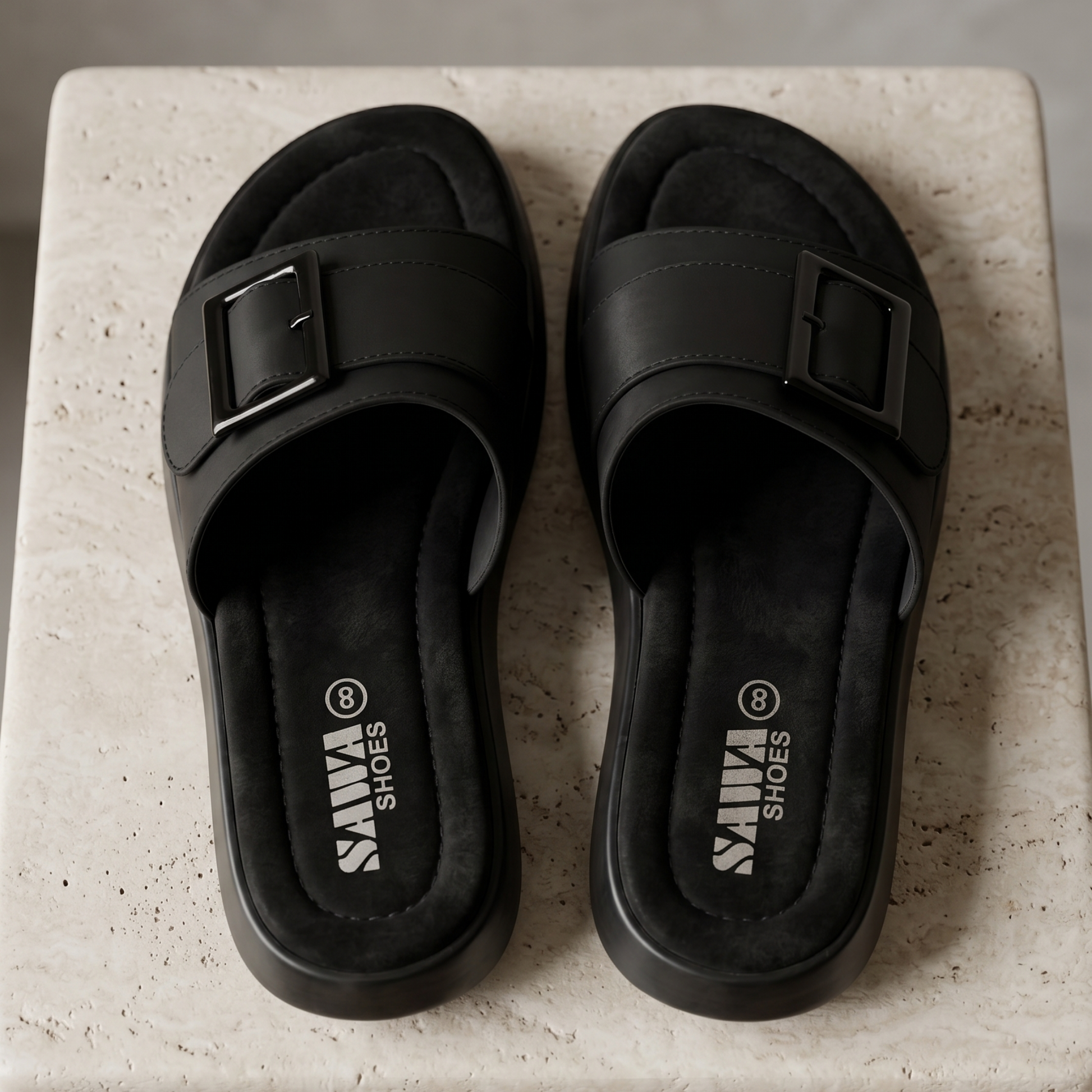 Black sandals with a buckle on a stone surface