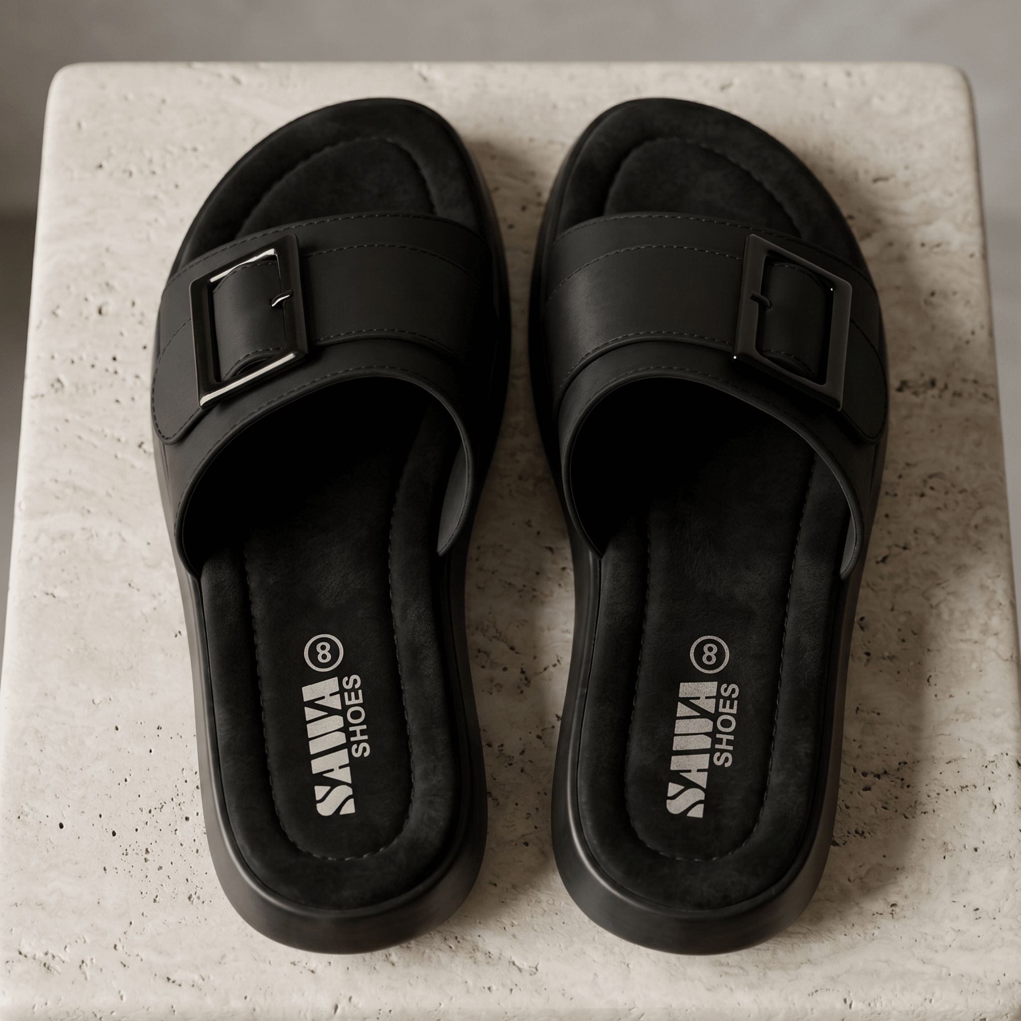 Monochrome Buckle Cushion Slides 451 BK - Sawa.pkWomen footwear shoes affordable