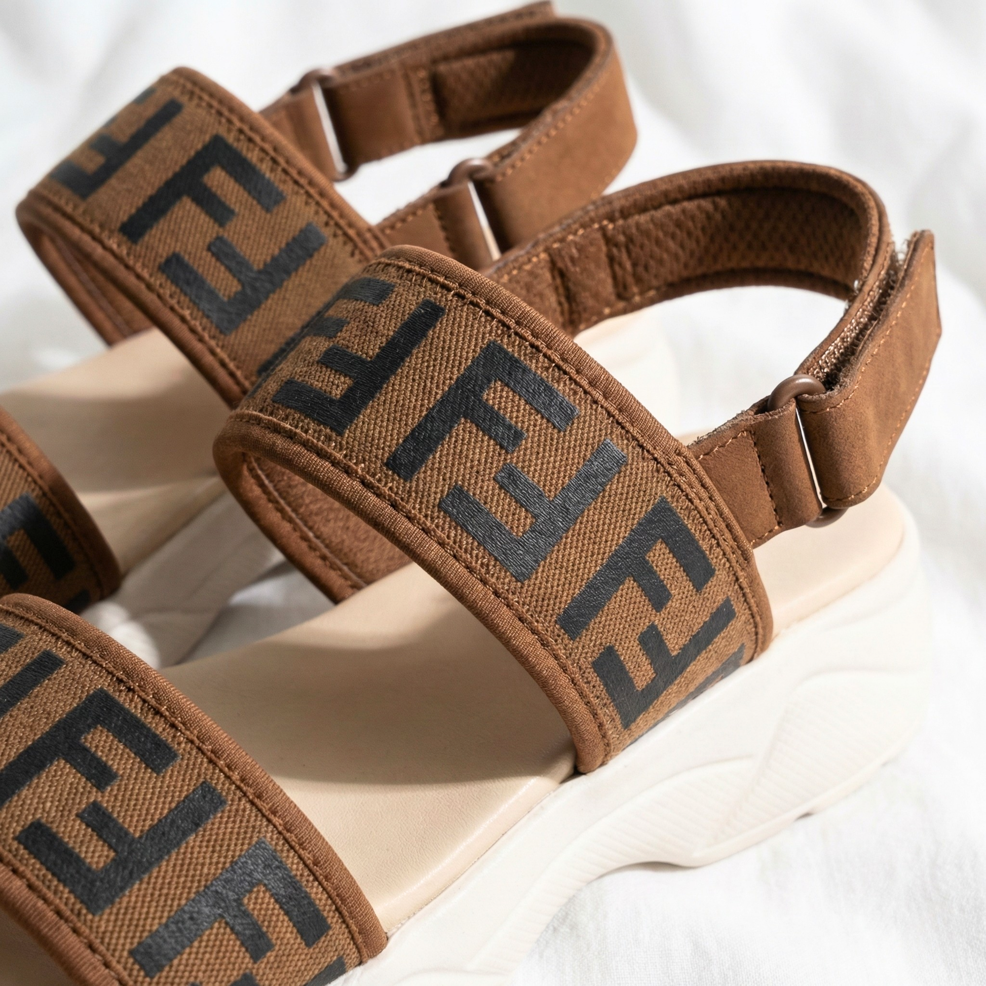 Close-up-of-monogram-textile-straps-and-adjustable-velcro-clasp-sandals