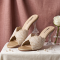 Women’s pearl-embellished slip-on heels with a shell-shaped upper, champagne-gold footbed and transparent crystal heel