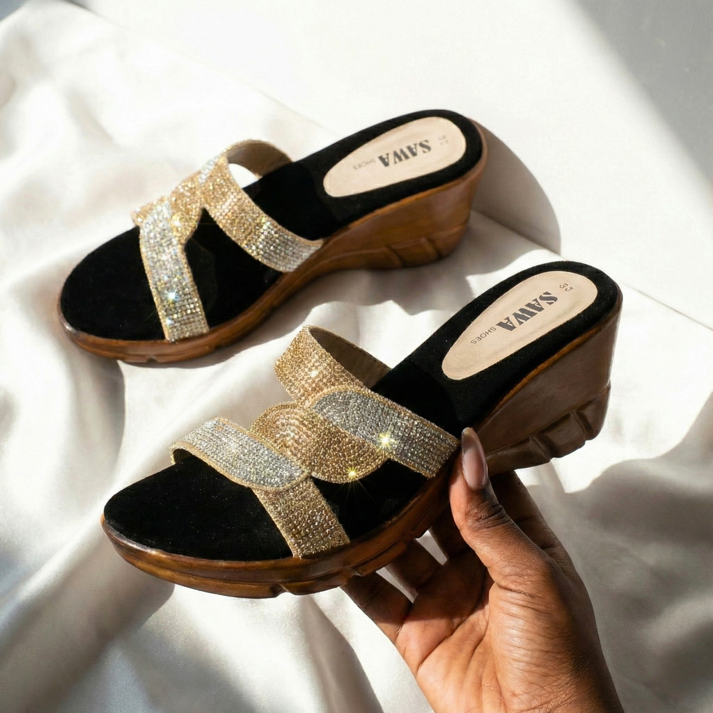 Gold and silver stone-embellished party wear wedges for women with wooden-finish sole by sawa.pk