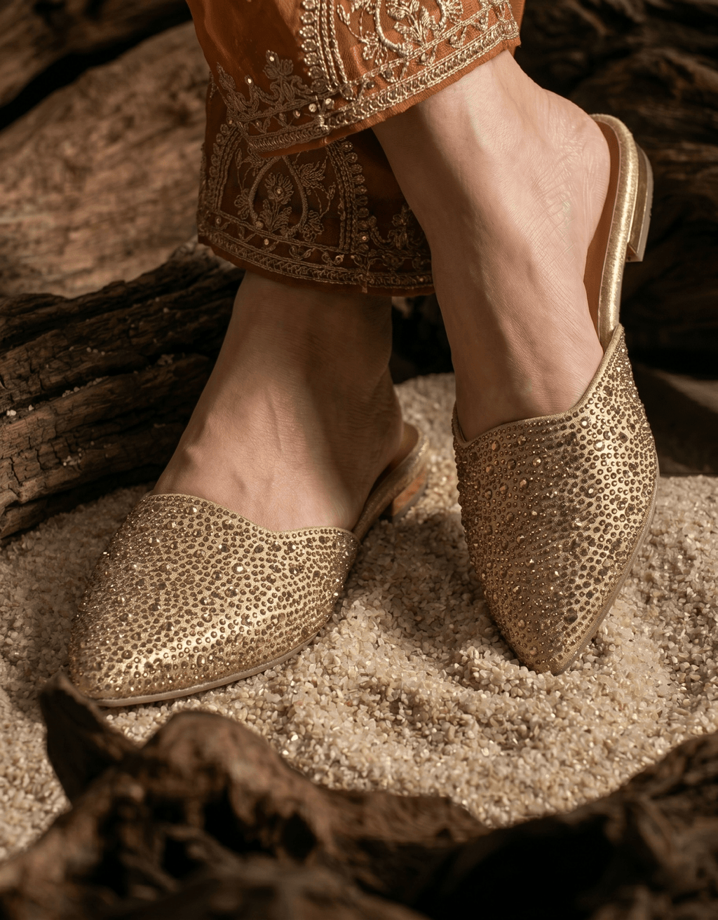 Gilded Rhinestone Pointed Mules 639 G - Sawa.pkWomen footwear shoes affordable