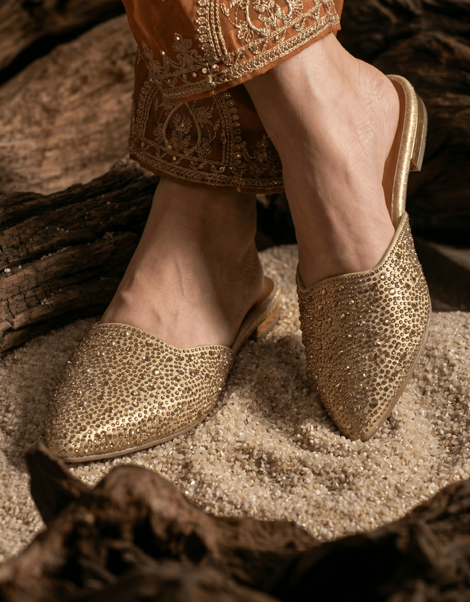Gilded Rhinestone Pointed Mules 639 G - Sawa.pkWomen footwear shoes affordable