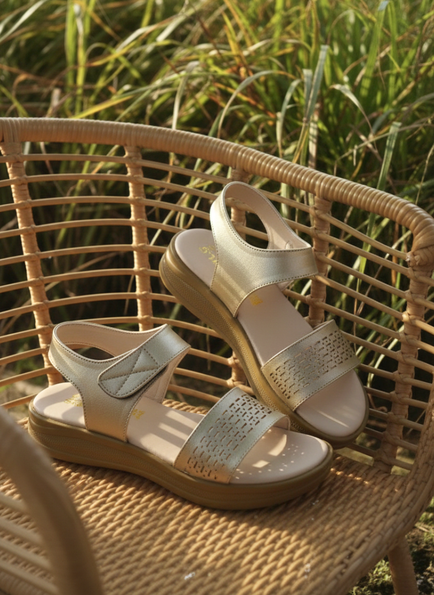 Champagne gold metallic sandals with laser-cut straps and tan wedge soles, displayed on a wicker chair