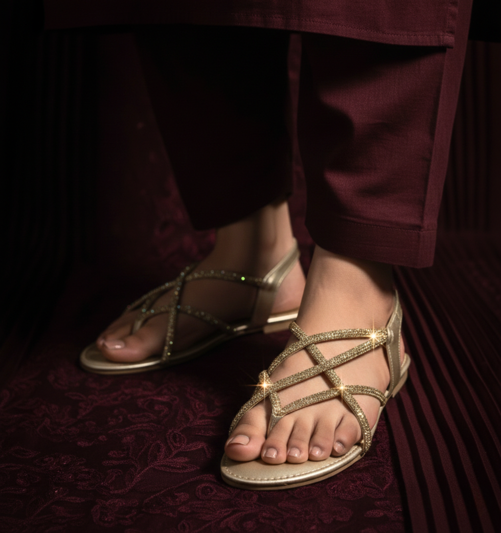 Model wearing Sawa Shoes champagne gold sequence sandals with burgundy trousers.