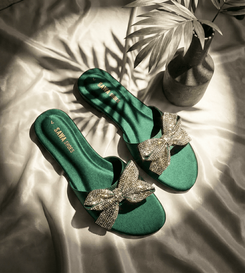 Emerald Crystal Bow Slides 620 GN - Sawa.pkWomen footwear shoes affordable