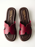 Burgundy comfort platform slides for women with wide cut-out strap and cushioned dark brown sole