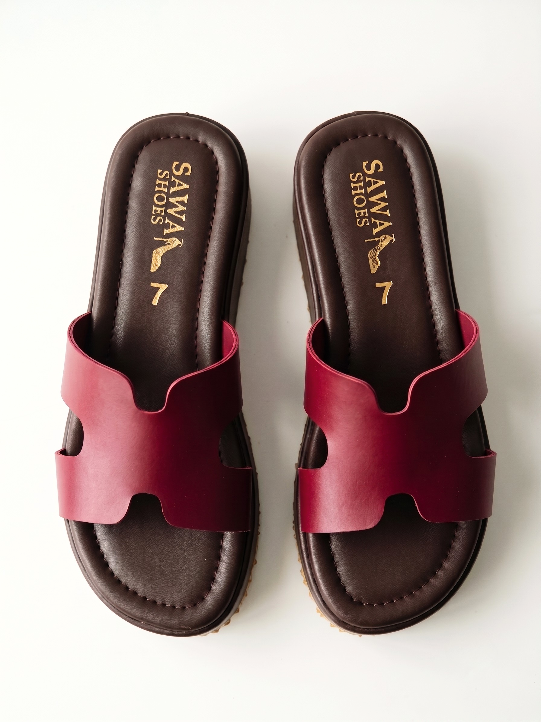 Burgundy comfort platform slides for women with wide cut-out strap and cushioned dark brown sole