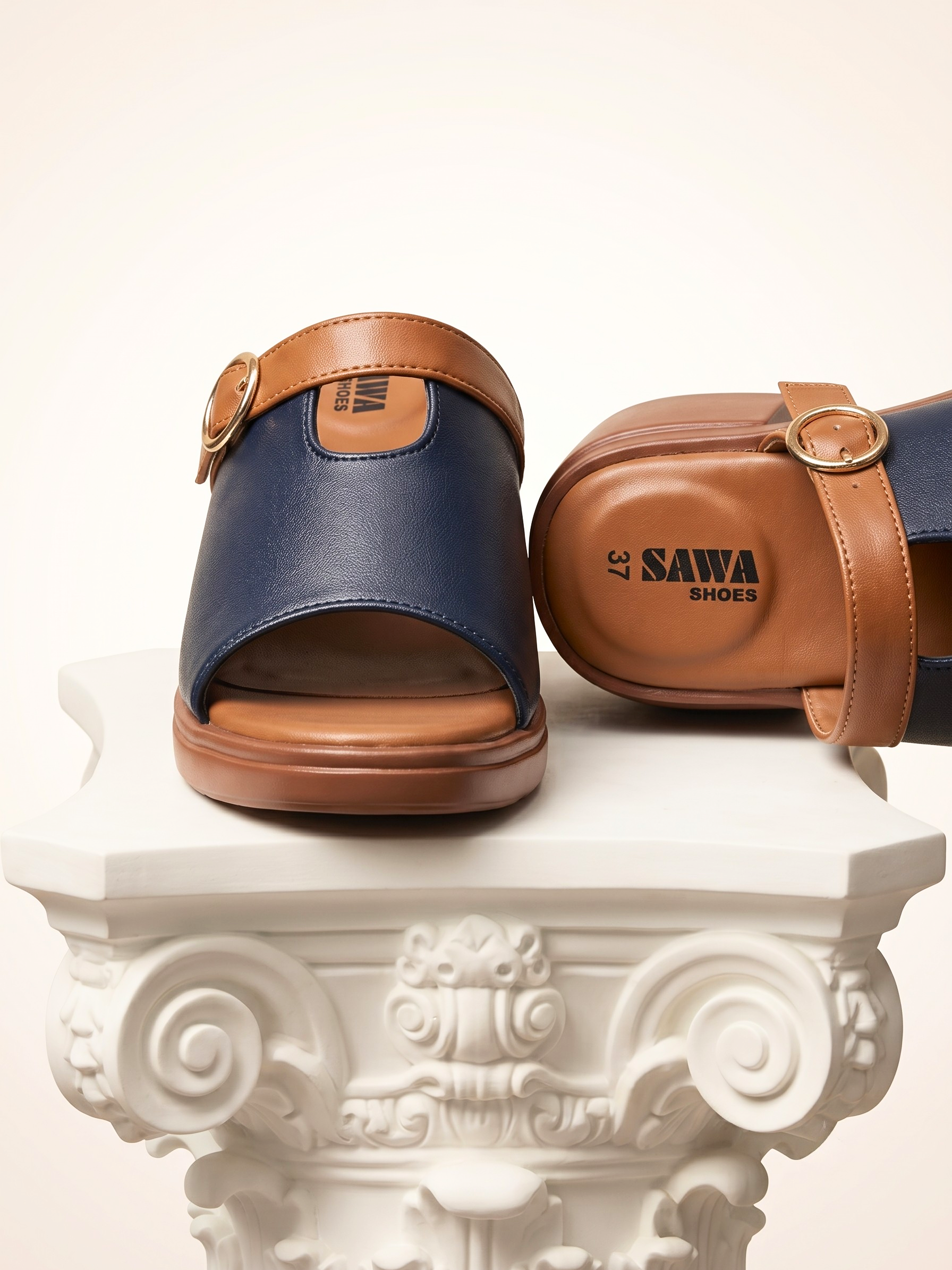 Navy Buckle Block Heels 743 BL
