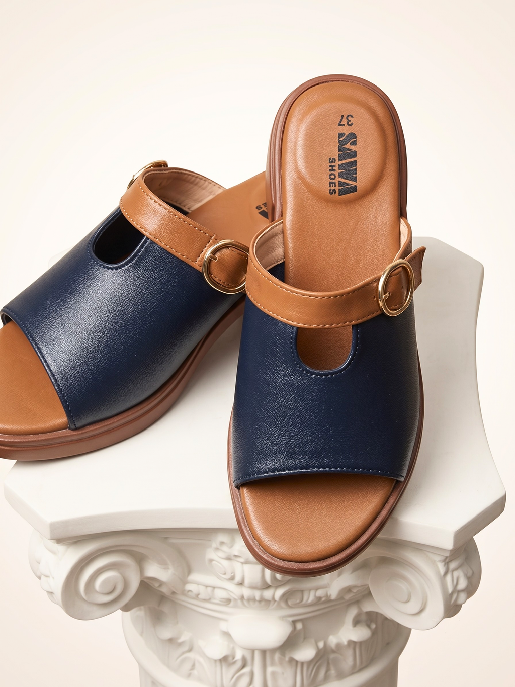Navy Buckle Block Heels 743 BL