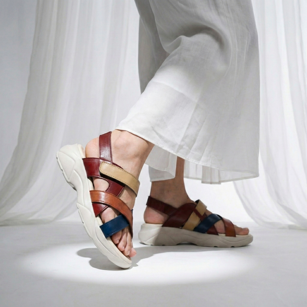 Women's multi-color strappy sandals with chunky white sole