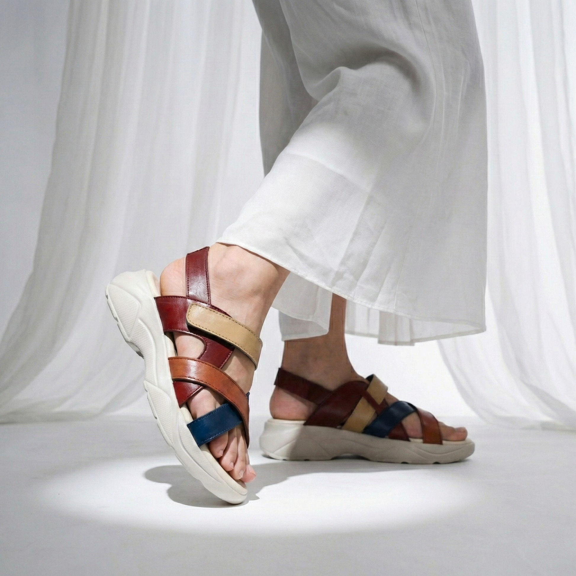 Women's multi-color strappy sandals with chunky white sole