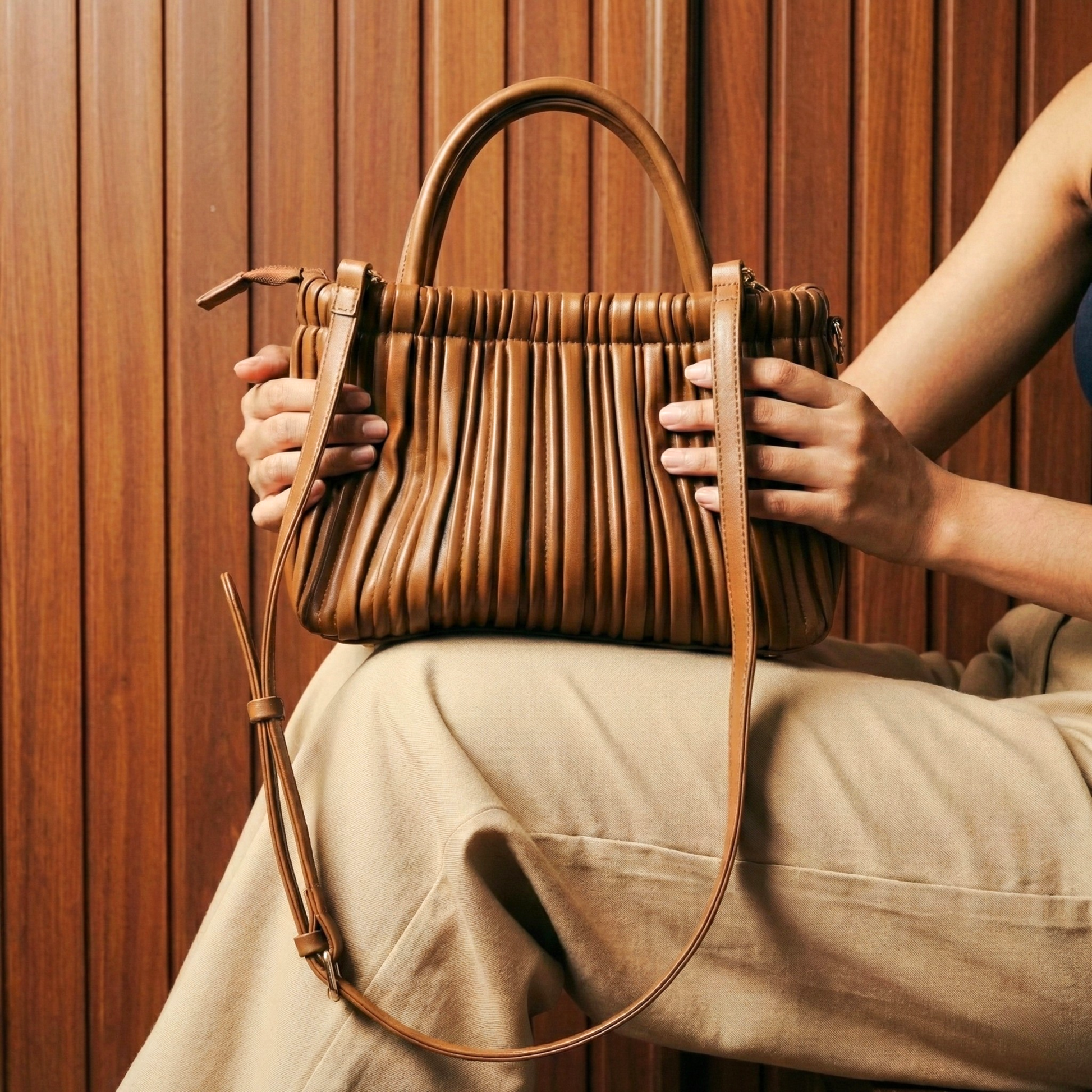 Elegant Caramel Pleated Satchel 7055 BR