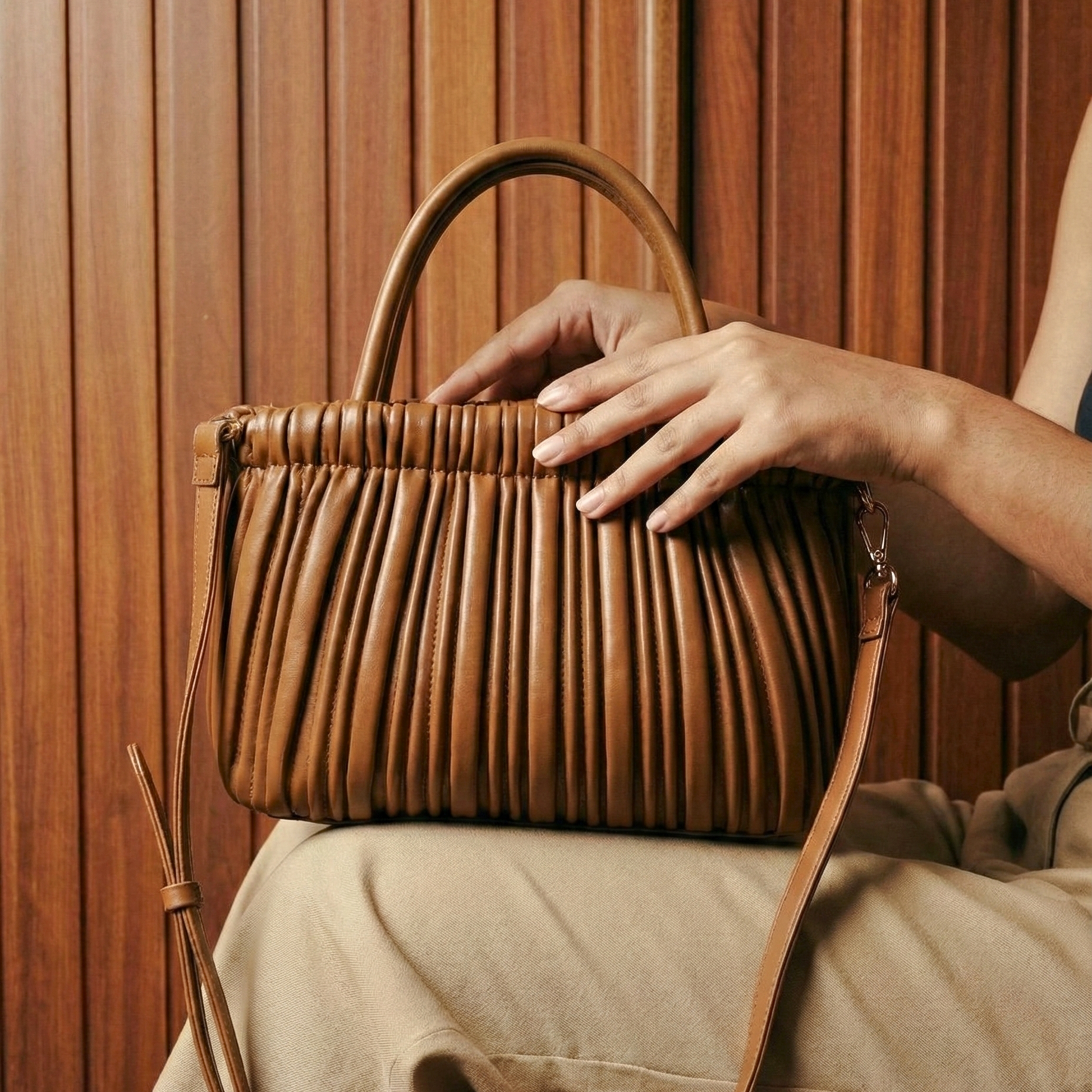 Elegant Caramel Pleated Satchel 7055 BR