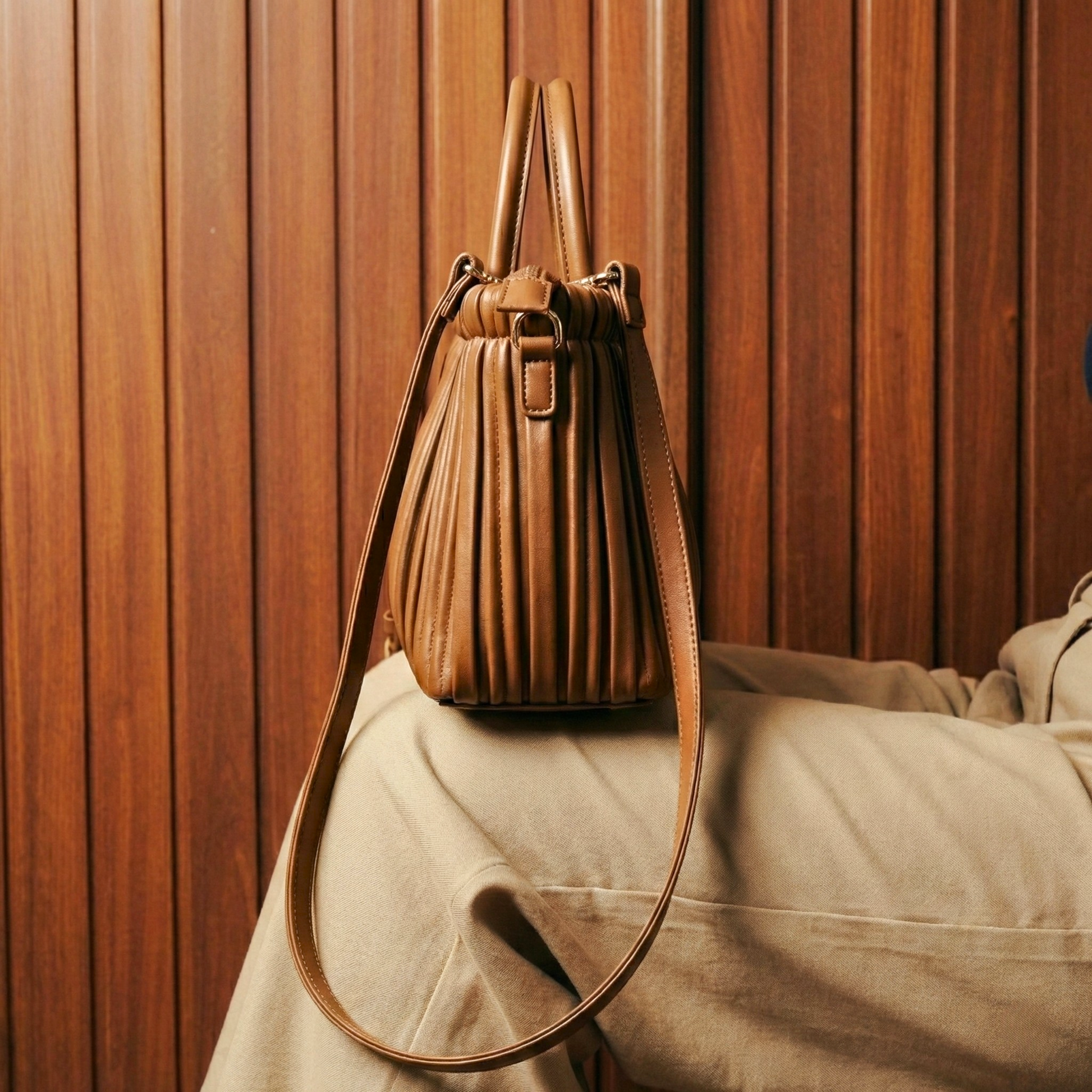 Elegant Caramel Pleated Satchel 7055 BR