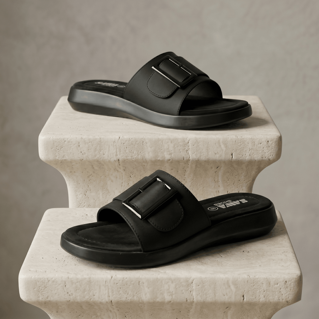 Monochrome Buckle Cushion Slides 451 BK - Sawa.pkWomen footwear shoes affordable