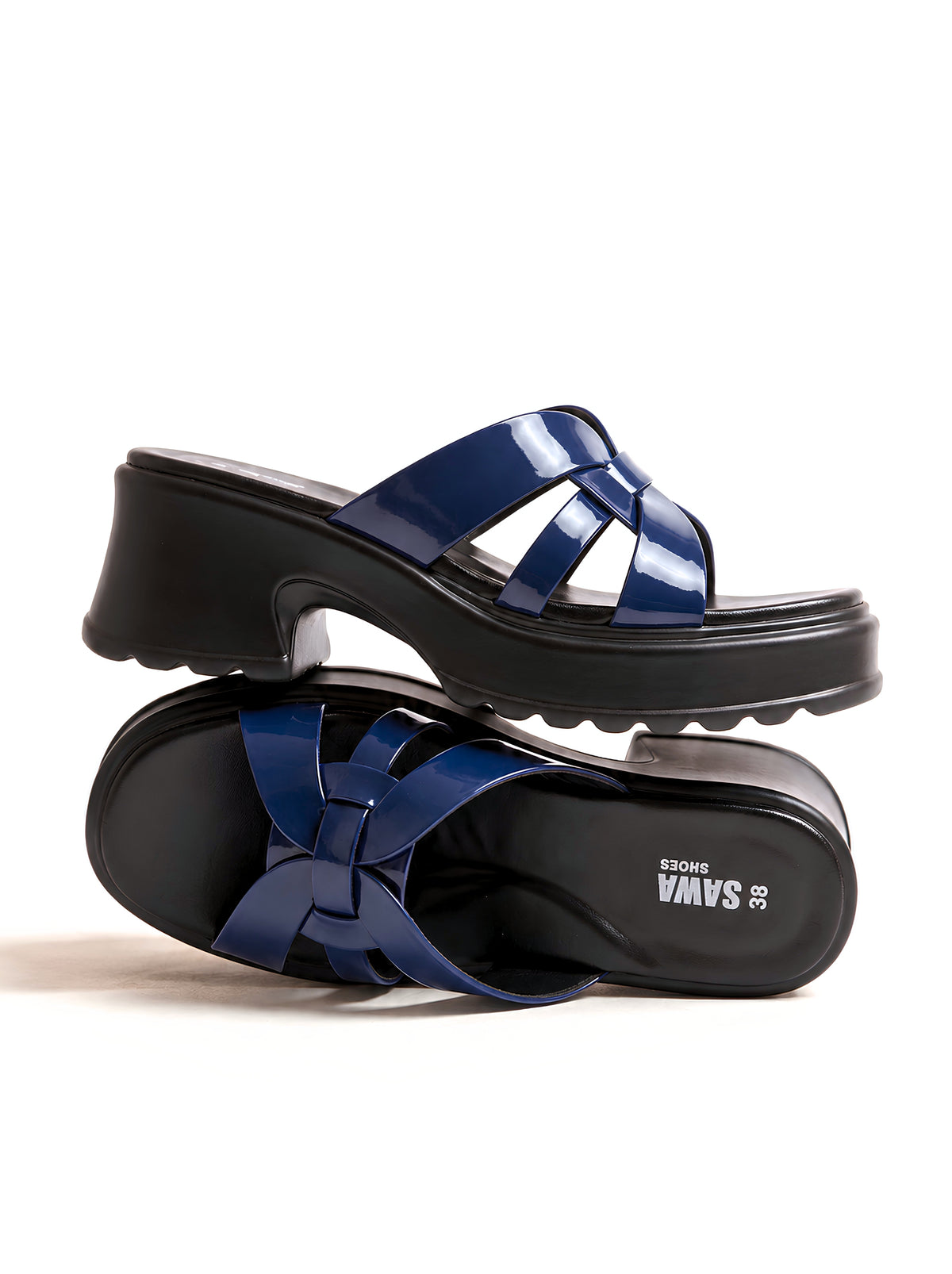 A pair of SAWA Shoes slip-on platform sandals featuring glossy navy blue crisscross woven straps and a chunky black block heel with a lugged outsole