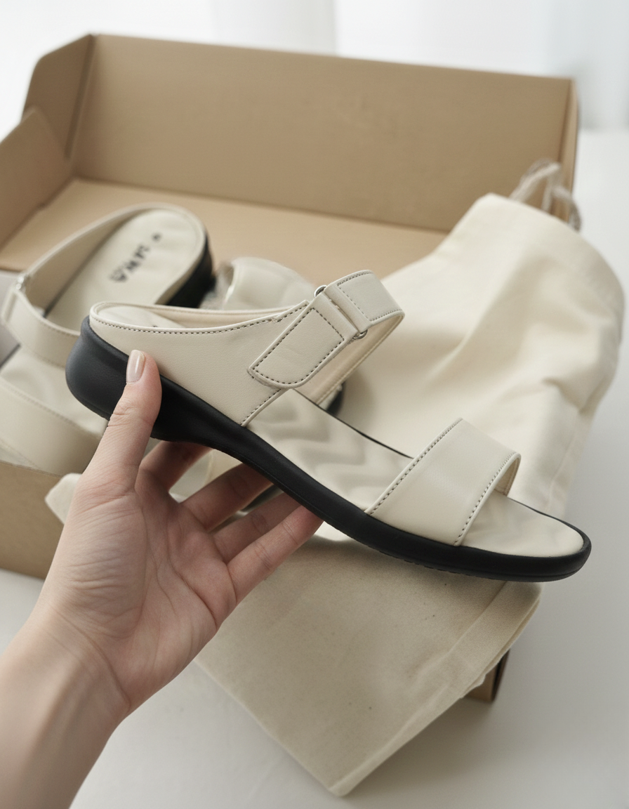 Close-up of a person wearing Sawa ivory leather slides with light linen trousers, showcasing everyday comfort and minimalist style.